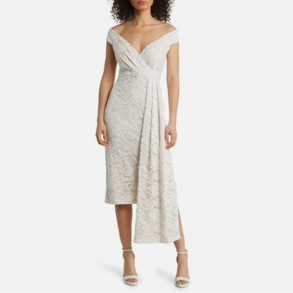 Eliza J Ivory Lace Midi Dress Off Shoulder V-Neck Sheath Formal Cocktail 8 NWT - Picture 1 of 16